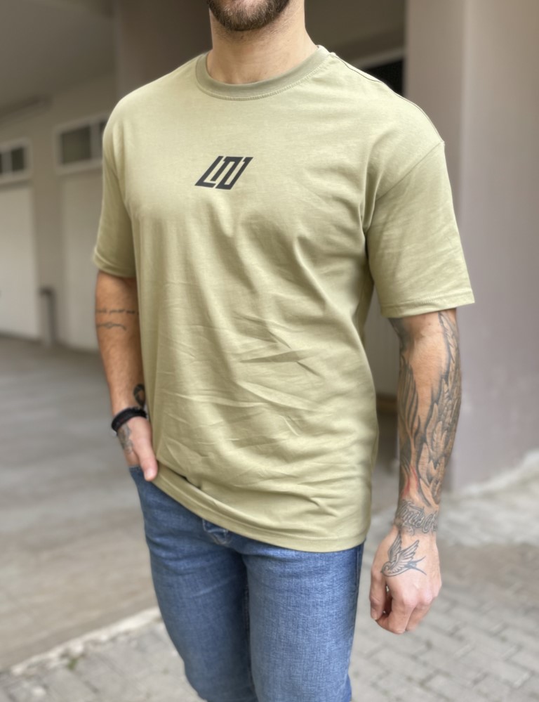 Ανδρικό βαμβακερό χακί Oversized T-shirt με τύπωμα 17468 φωτογραφία